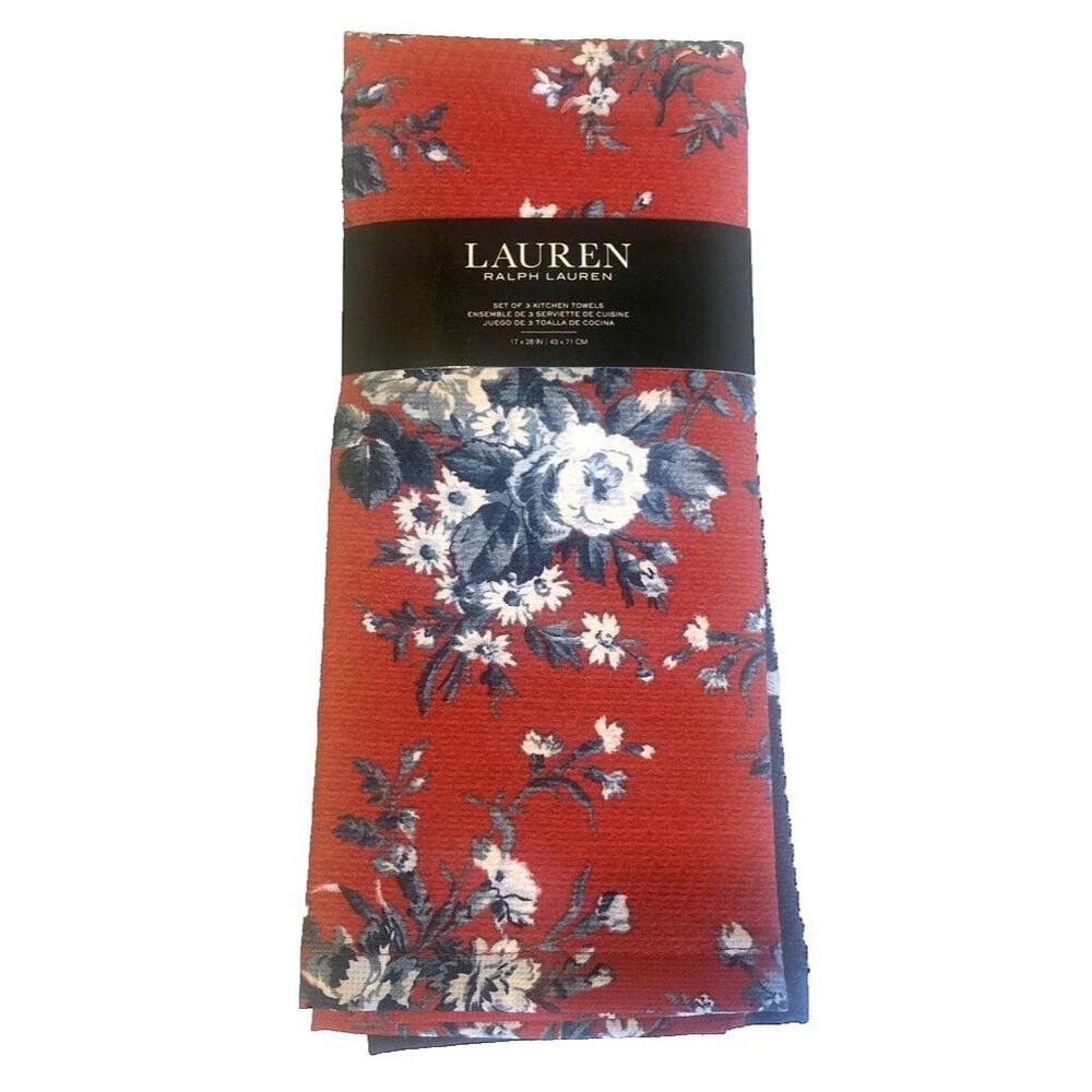 Ralph Lauren Kitchen Dish Towels Red Blue White Floral Cotton 17X28 Set of 3